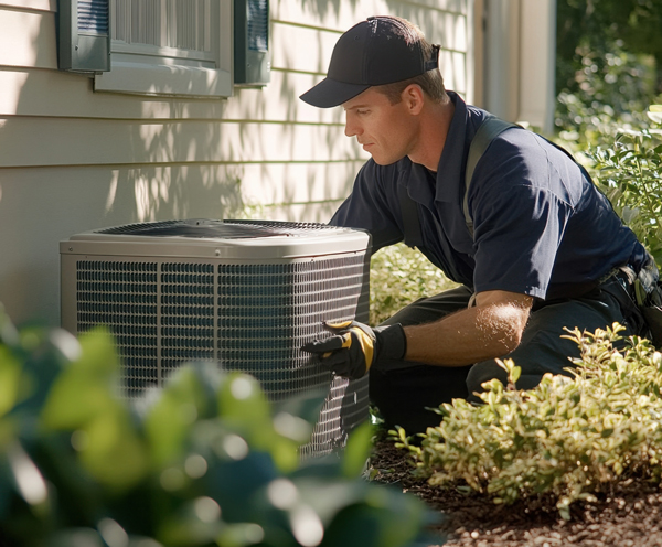 Technician performs maintenance on air conditioning unit